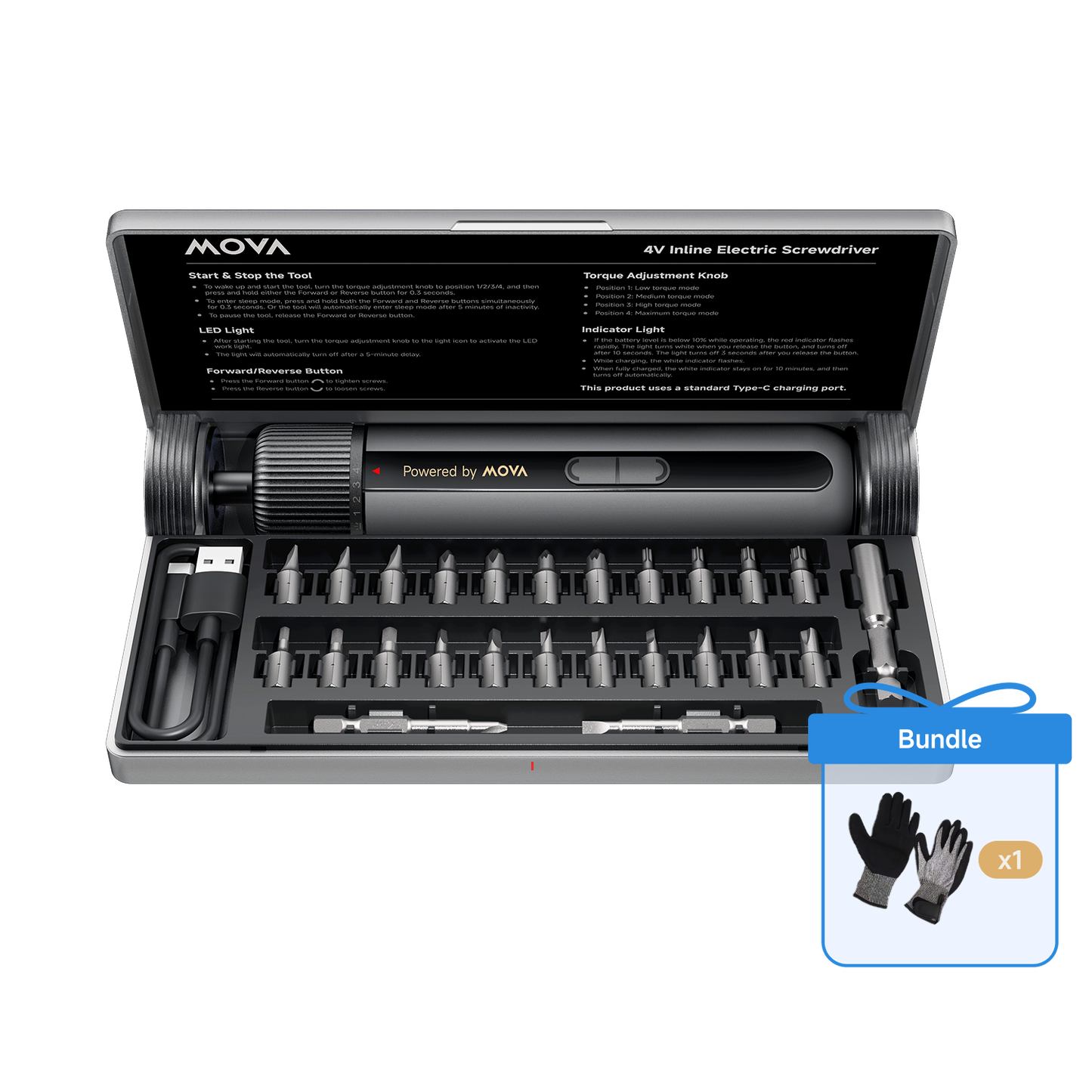 MOVA Tournevis électrique MSD008 4 V + gants de travail extérieurs