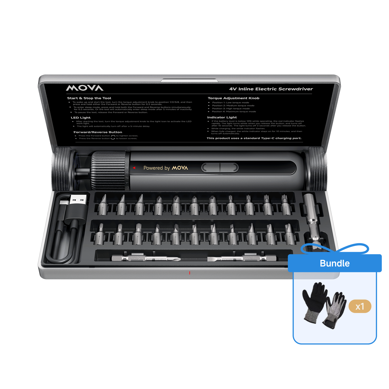 MOVA Tournevis électrique MSD008 4 V + gants de travail extérieurs